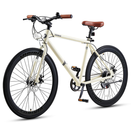 VIRIBUS Hybrid Bikes, 28 inch Mens Bike with Lightweight Aluminum Frame & Disc Brakes, 700C Bikes for Tall Men, 7 Speed Vintage Retro Hybrid Bicycles for City Commuters, Mens Road Bike Cream