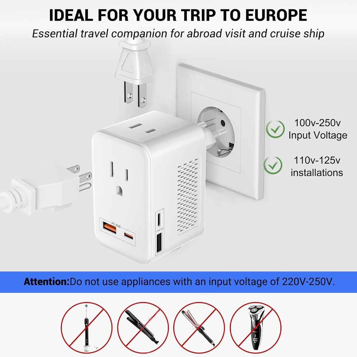 SARQW 220V 110V 2 2 20 2 to Voltage Conversion Plug Adapter for Traveling from USA to Europe with USB and USBC Ports PD