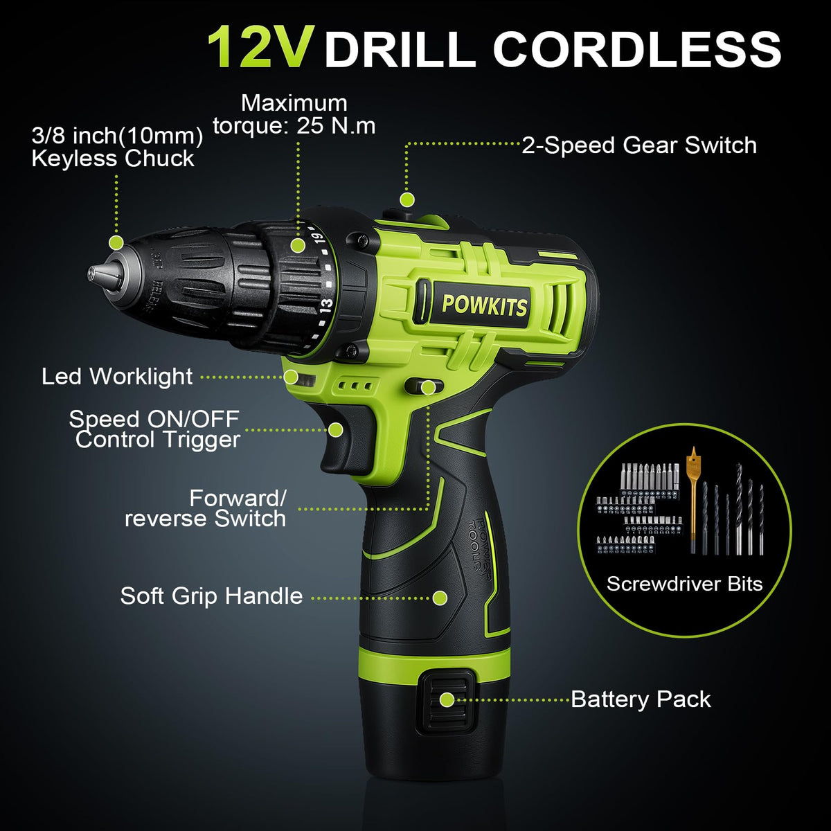 POWKITS Cordless Drill Tool Set: 12V Power Drill Tool Kit with Battery & Charger, Portable Household Basic Drills Case for Men & Women, Homeowner, Diyer, Handyman, 142 Piece