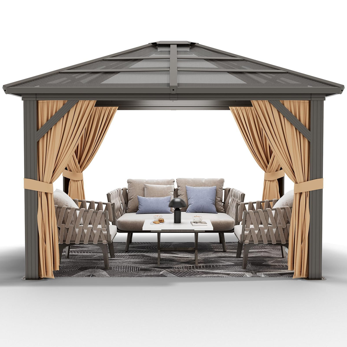 10' x 12' Hardtop Gazebo, Permanent Outdoor Pavilion with Single-Tier Hardtop Roof, Thickened Mosquito Netting, Double Track & Double Zipper Design for Patio, Lawn, Garden, Brown