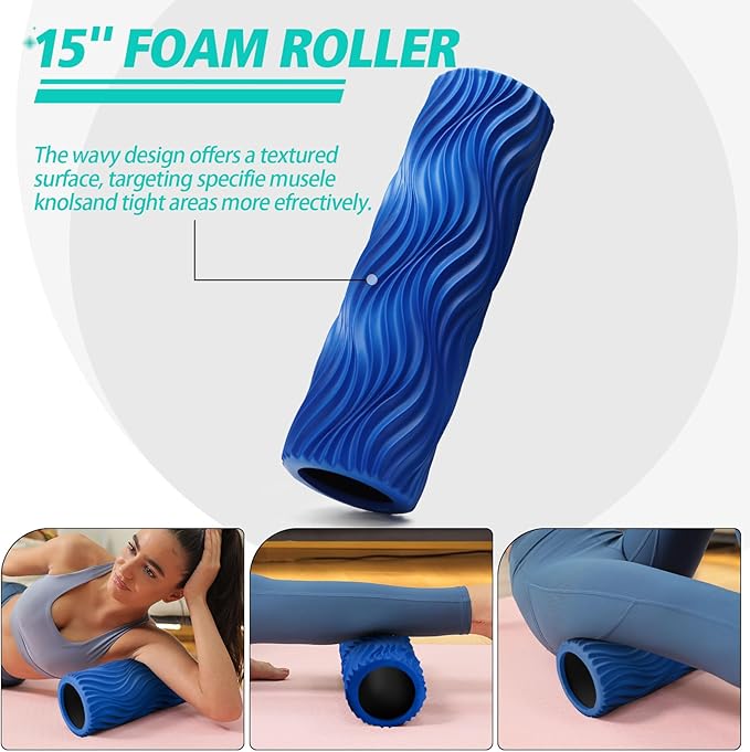 5-in-1 Foam Roller Set, Massage Roller Stick, Massage Ball, Resistance Band for Deep Muscle Massage, Trigger Point Release, Pilates, Yoga (Blue-Wave)