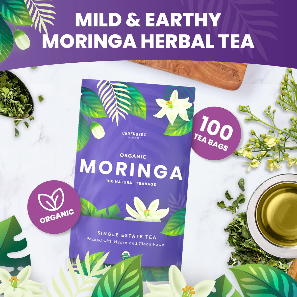 Organic Moringa Herbal Tea — 100 Tea Bags | Eco-Friendly Tea Bags | Non-GMO Caffeine Free Tea With Zero Sugar | Cederberg Tea Company.
