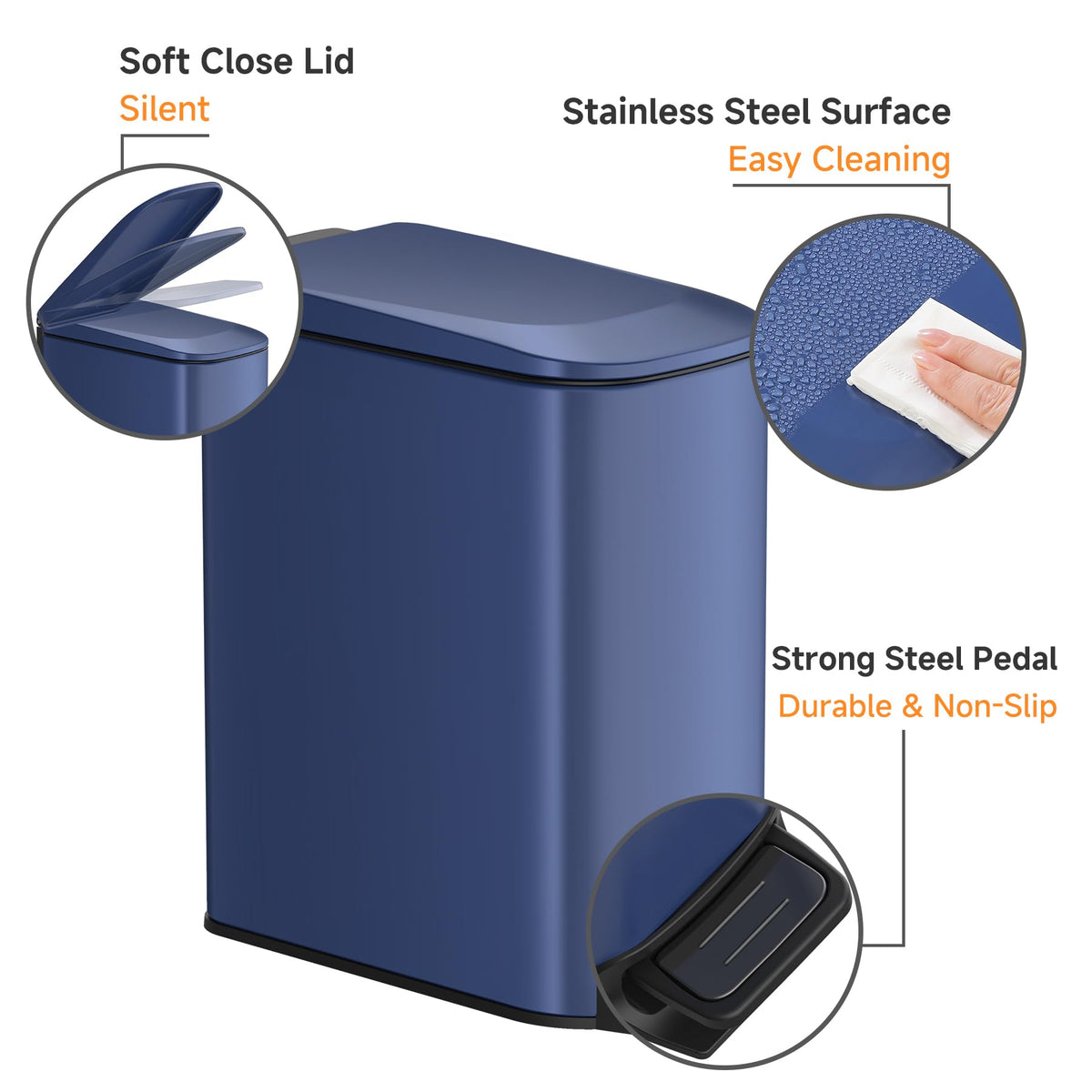 TIPGO Slim Bathroom Trash Can with Lid Soft Close, Step Pedal, 6 Liter / 1.6 Gallon Stainless Steel Trash Bin, Small Garbage Can for Bedroom, Office, Kitchen (Navy Blue)