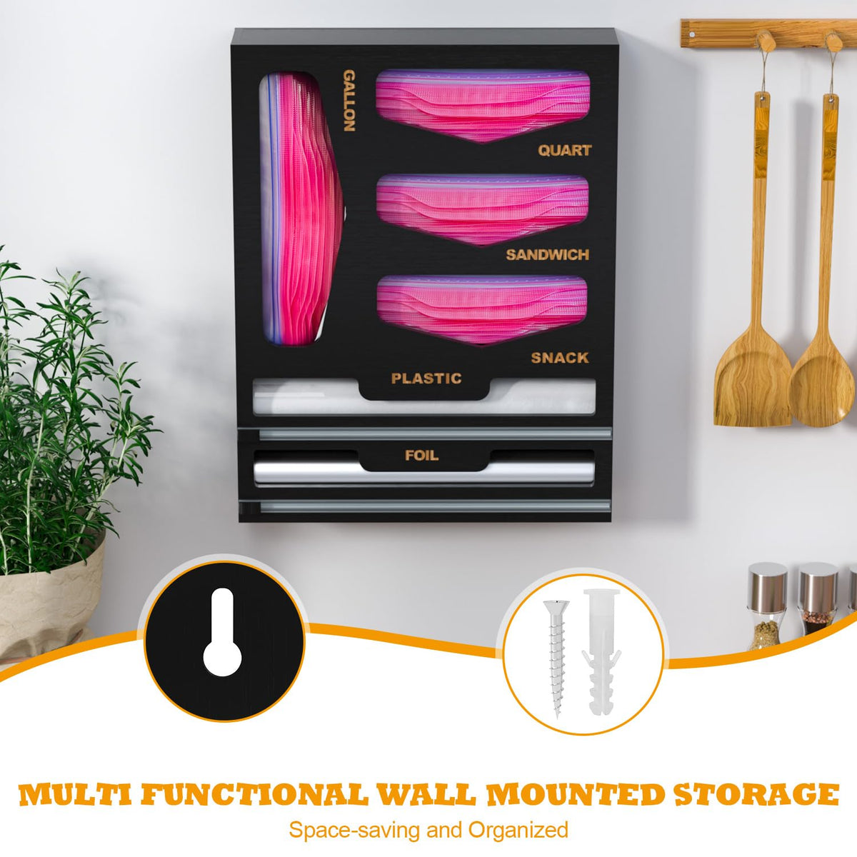 DALSHABET Bamboo Bag Organizer with Magnetic Closure, 6 In 1 Kitchen Drawer Foil and Plastic Wrap Dispenser with Cutter, Storage bag for Gallon, Quart, Sandwich, Snack Black
