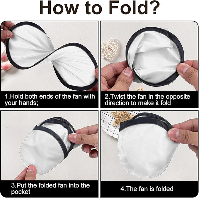 100PCS Foldable Flying Disc Fans with Bags, 9.8'' DIY Handheld Black Egde Fabric Folding Fan for Outdoor Game Activities Birthday Party Favors Gifts, White