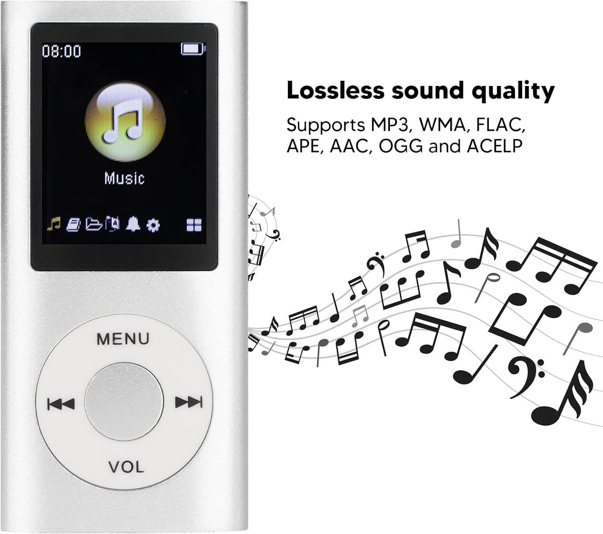 Estink MP3, MP3 1.8inch MP3 Mini Portable Stylish Multifunctional Lossless Sound Slim Music Player, Large LCD Screen