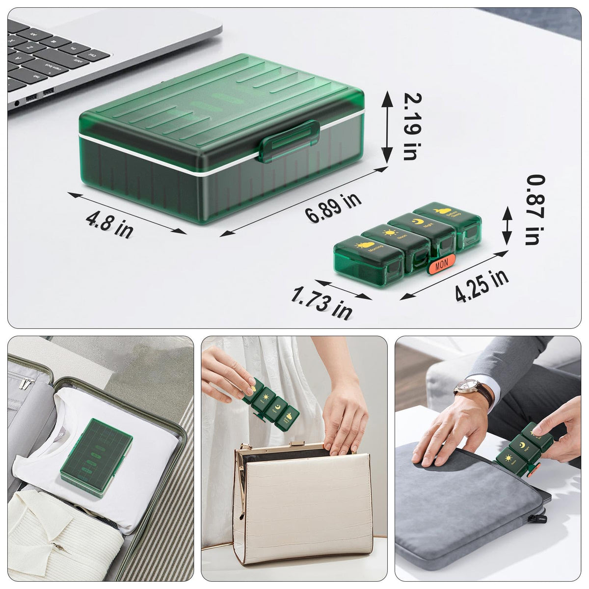 Weekly Pill Organizer 4 Times a Day, Large Compartments Pill Box 4X 7 Day, Medicine Organizer Pill Case for Pills/Vitamins/Fish Oils/Medication/Supplements (4x7 Dark Green)