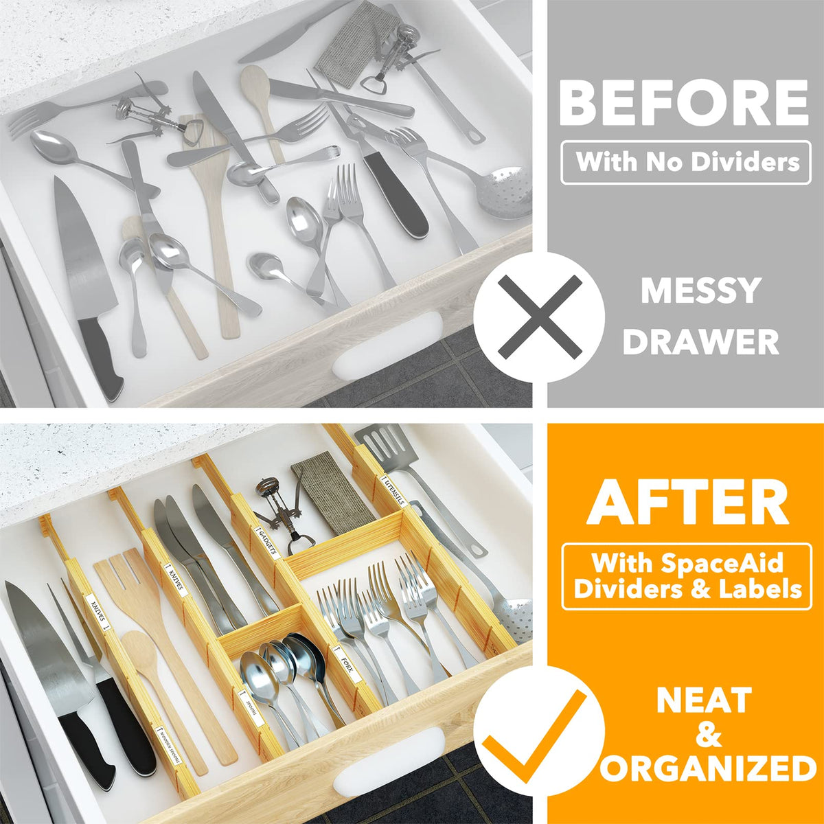 SpaceAid Bamboo Drawer Dividers with Inserts and Labels, Kitchen Adjustable Drawer Organizers, Expandable Organization for Home, Office, Dressers, 4 Dividers with 9 Inserts (17"-22" Natural)