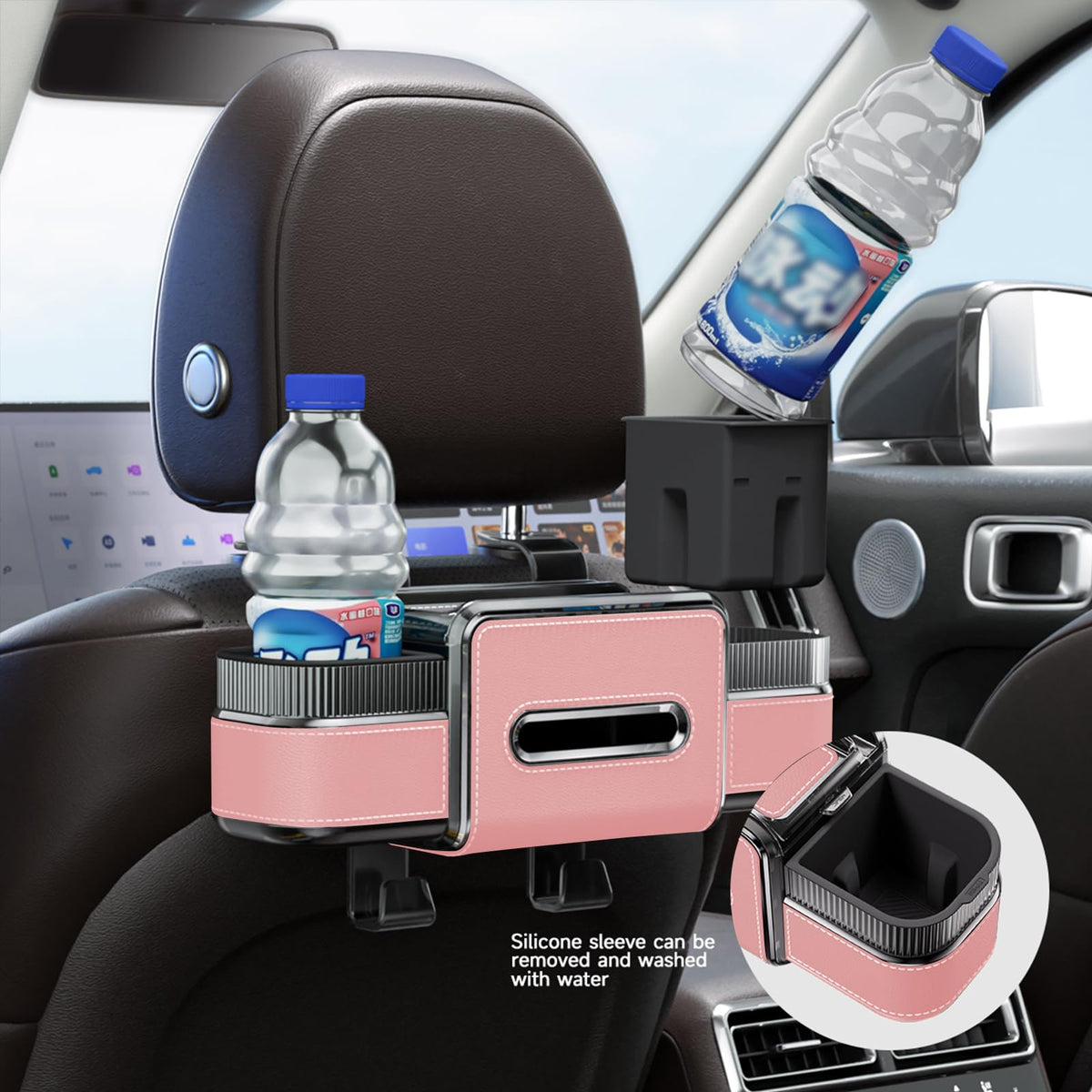 Multifunctional Car Seat Back Organizer Box with Drink Cup Holder, Makeup Mirror, Tissue Box& Hooks for Car Seat Back, New Upgrade Car Headrest Backseat Organizer Suitability for Wife, Girlfriend