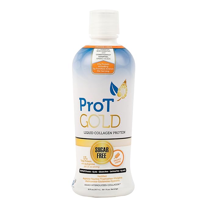 Liquid Collagen Protein Shot, 17g Clear Protein Nano-Hydrolyzed Grass Fed Collagen, 2g Arginine for Wound Support, Gluten Free, Sugar Free, 0g Carbs, Non GMO, Orange Creme, 30 fl oz Bottle