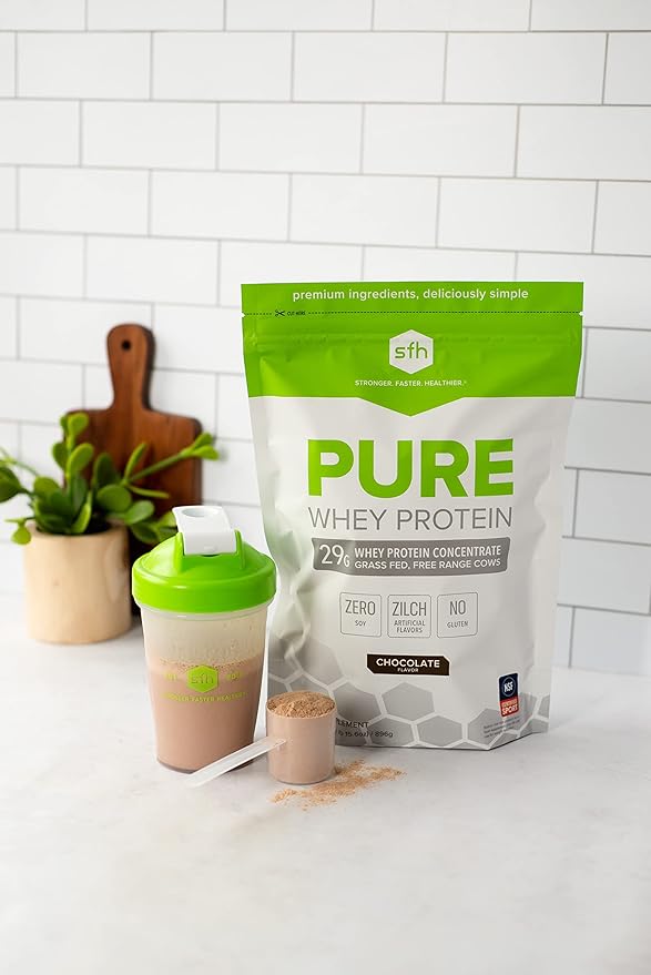 SFH Pure Whey Protein Powder (Chocolate) Best Tasting Grass Fed Whey | All Natural | Non-GMO, No Artificials, Soy Free, Gluten Free | (Chocolate, 31.6 Ounce (Pack of 1)