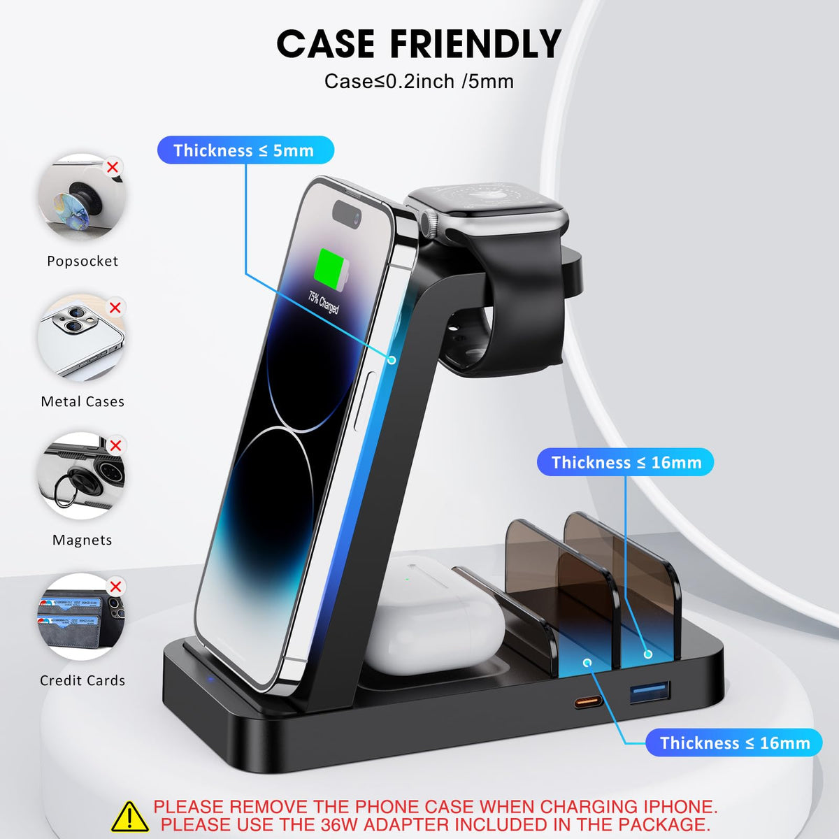 Wireless Charger for iPhone - 5 in 1 Charging Station for Multiple Devices Apple: Fast Wireless Charging Stand Dock for iPhone 17 16e 16 15 14 13 12 Pro Max Apple Watch Airpods