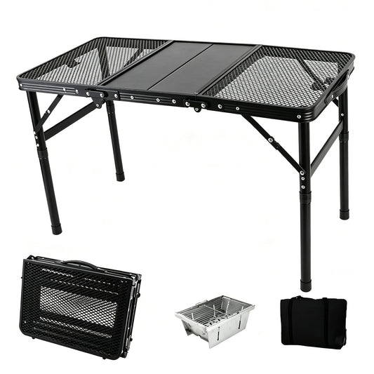 Portable Folding Aluminum Camping Table — IGT-Compatible Modular Camp Kitchen Table, Carbon Steel Mesh Top with Tactical Hooks & Carry Bag, for Camping Picnic Tailgating BBQ Outdoor Cooking