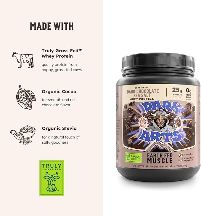 Earth Fed Muscle Dark Arts Grass Fed Truly Grass Fed Whey Protein Powder - No Artificial Ingredients, Soy Free, Gluten Free, Non-GMO and Hormone Free (2 Pound, 26 Servings, Salted Chocolate)