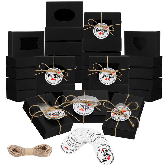 Kosiz 100 Pack Kraft Soap Boxes with Clear Windows 4 Window Designs Party Favor Kit with Tags & Rope, 3.9x2.8x1.2 Inch Bakery Boxes for Homemade Soap Treats(Black)