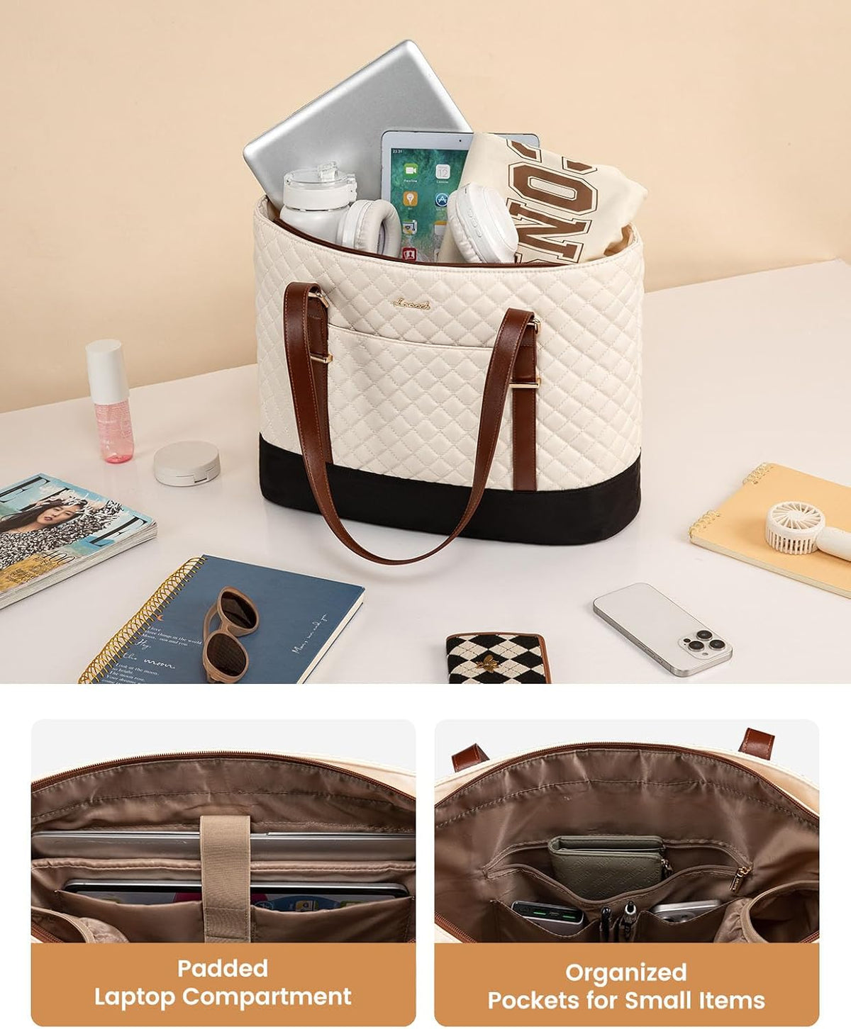 LOVEVOOK 15.6 Inch Laptop Bag for Women, Work Tote Computer Bag With Large Cup Holder, Lightweight Large Laptop