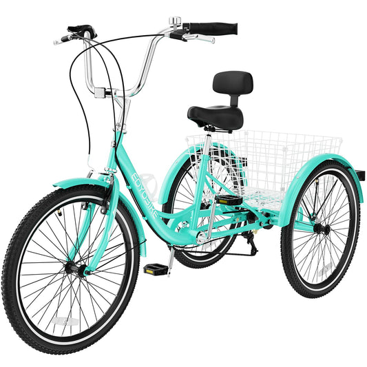 MOPHOTO Adult Tricycle 7 Speed, 20/24/26 Inch Low Step-Through Adult Trike with Large Rear Basket, 350 lbs Capacity 3 Wheel Bike for Seniors, Women and Men