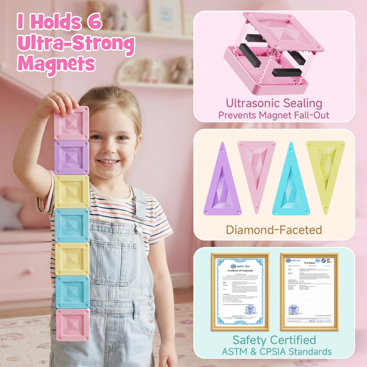 burgkidz Mini Magnetic Tiles Girls Travel Toy- 40 PCS Macaron Magnet Blocks with Pink Tin Box - 120 Mins Quiet Play for Airplane Car Essentials, Present for Girls Ages 3-8 Year Old