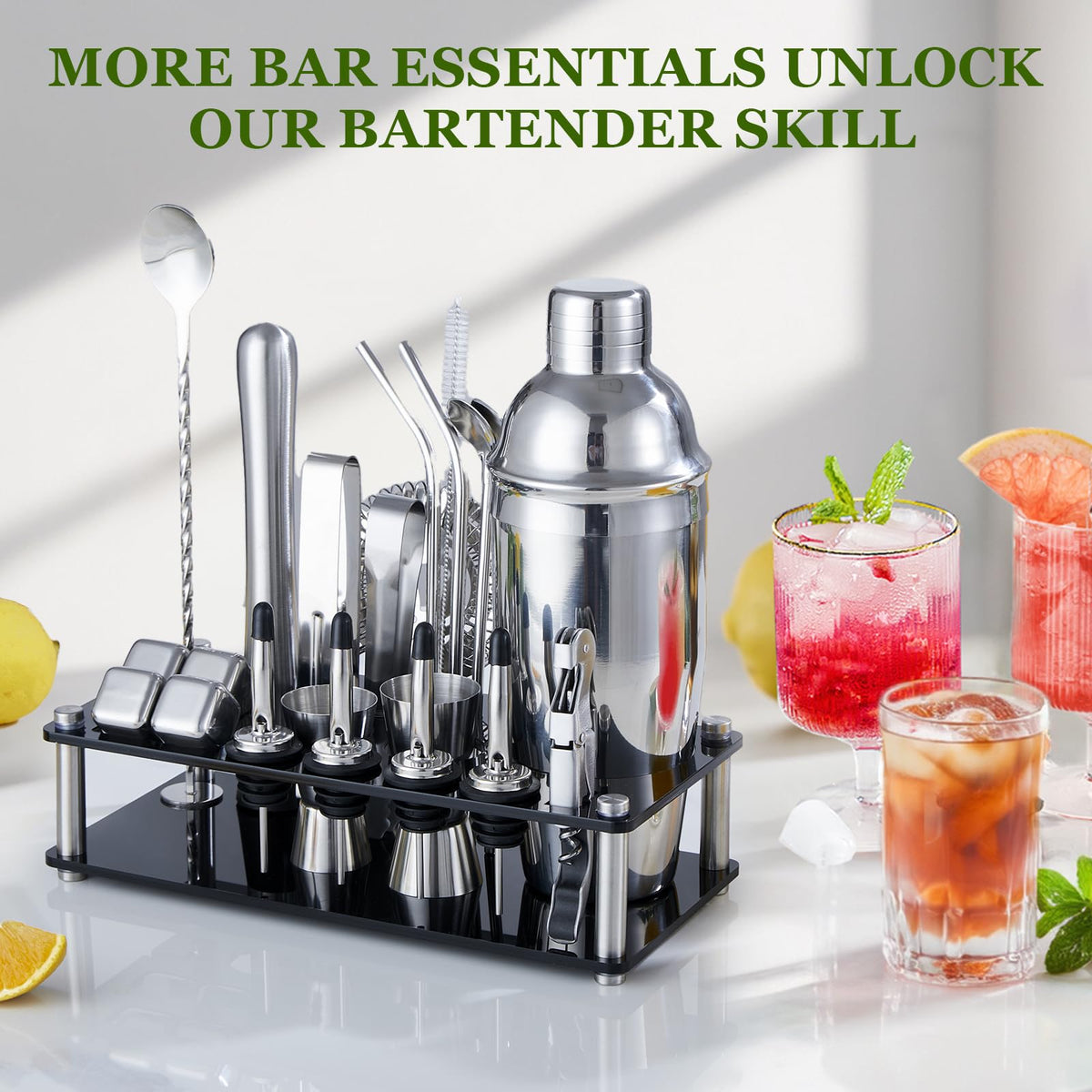 Cocktail Shaker Set, 23-Piece Stainless Steel Bartender Kit with Acrylic Stand & Cocktail Recipes Booklet, Professional Bar Tools for Drink Mixing, Home, Bar, Party (Include 4 Whiskey Stones)