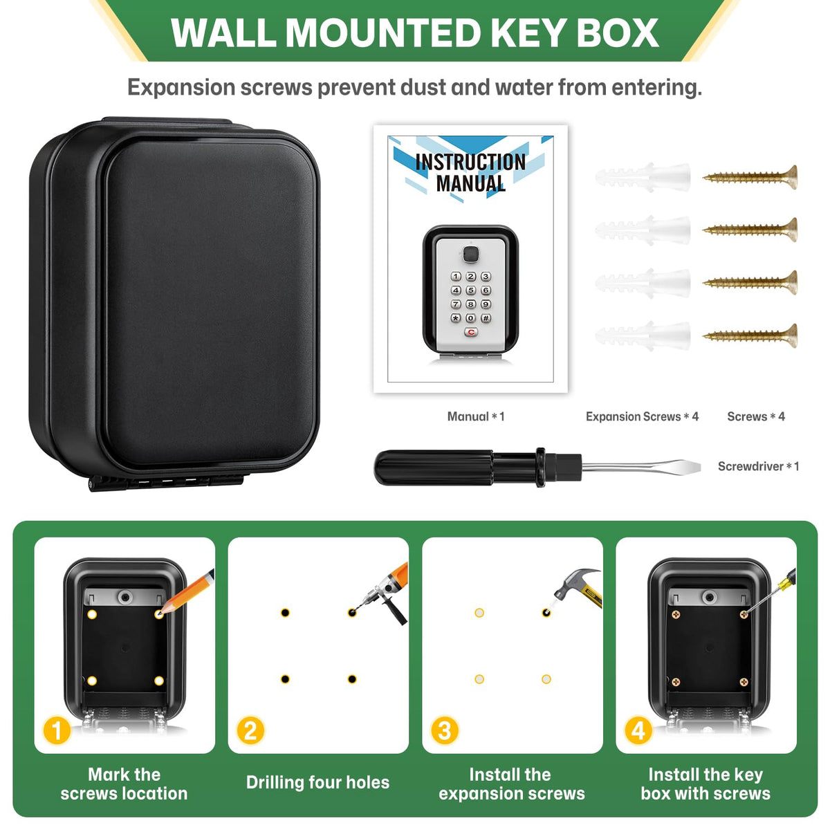 HUANLANG Lock Box for Keys with Code, Waterproof Key Boxs Wall Mount 12-Digit Keypad Locks Box for House Key, Realtors, Garage Spare Keys