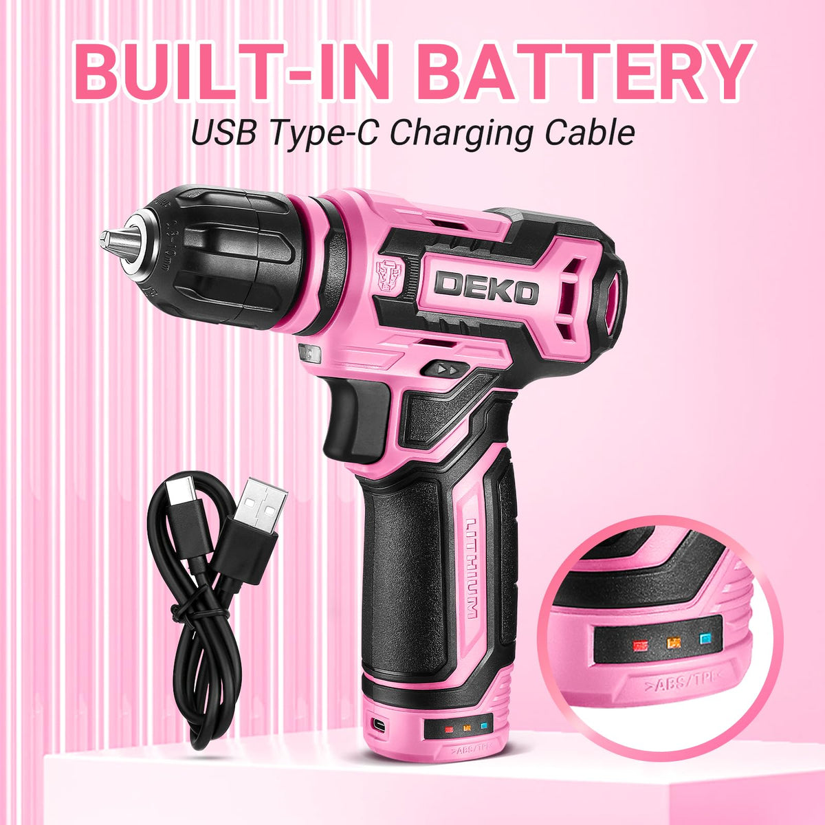 Cordless Drill：DEKOPRO 12V Power Drill Set with Pink 800RPM Electric Drills with Tool Set Gift Box, Pink Drill Set for Women