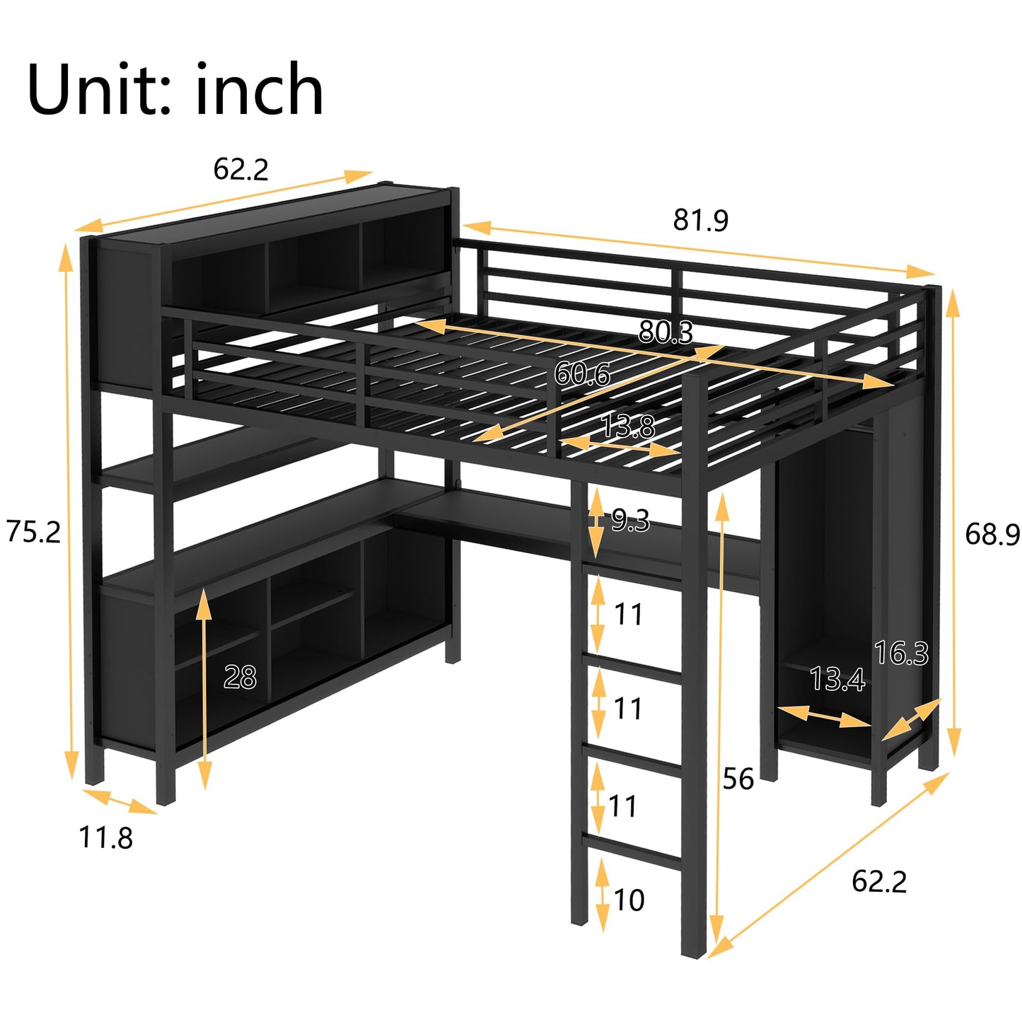 Bellemave Queen Size Loft Bed with Desk, Wardrobe & Storage Shelves, Modern Metal Loft Bed Frame for Adults, Teens, Kids, Space-Saving Queen Bed for Small Rooms, Dorms, Apartments (Queen, Black)