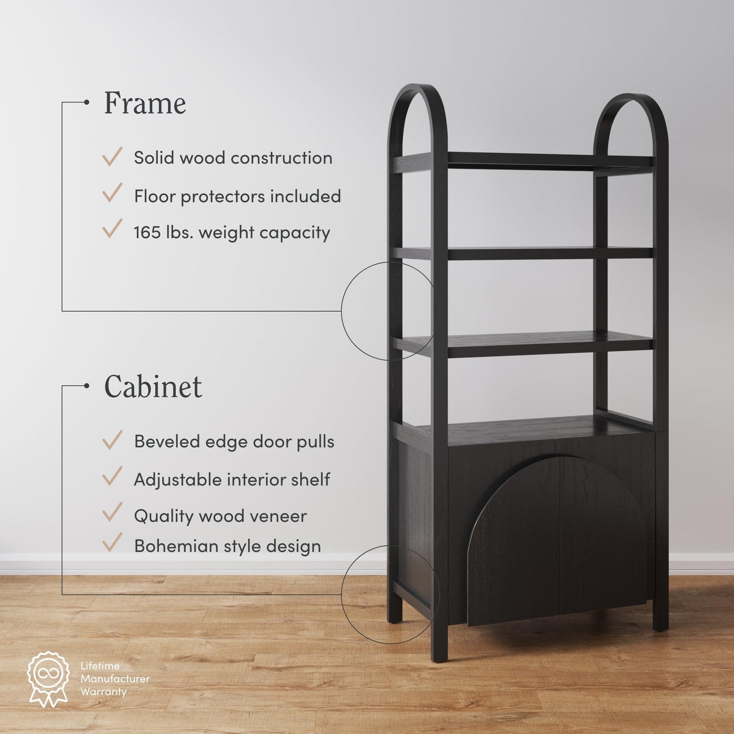 Nathan James Iris 3 Tier Bookshelf, Arched Bookcase Cabinet, Solid Wood Bookcase with Cabinet Base, Boho Bookshelf in Midnight Charcoal Finish, Set of 3