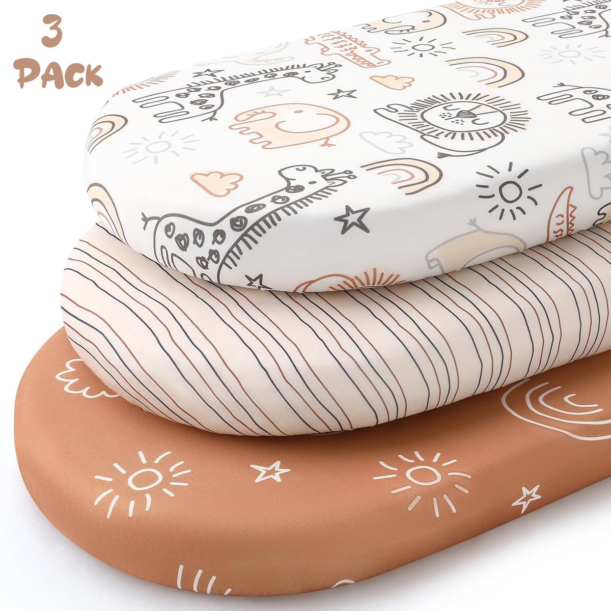 Yoofoss Bassinet Sheets - 3-Pack Fitted Sheets Set for Halo Bassinest | Soft, Breathable Fabric (Brown & Animals)