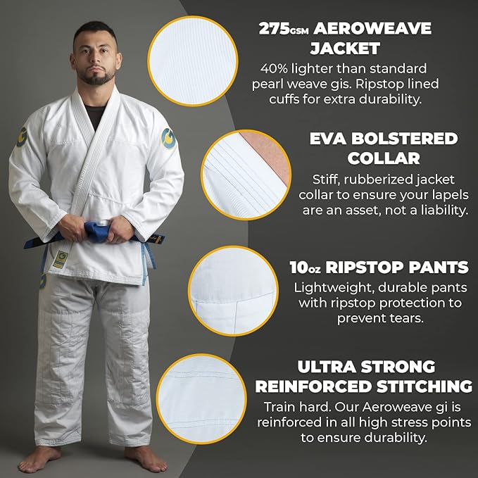 Gold BJJ Aeroweave Jiu Jitsu Gi - Ultra Lightweight BJJ Gi - Preshrunk Brazilian Jiu Jitsu Uniform for Men