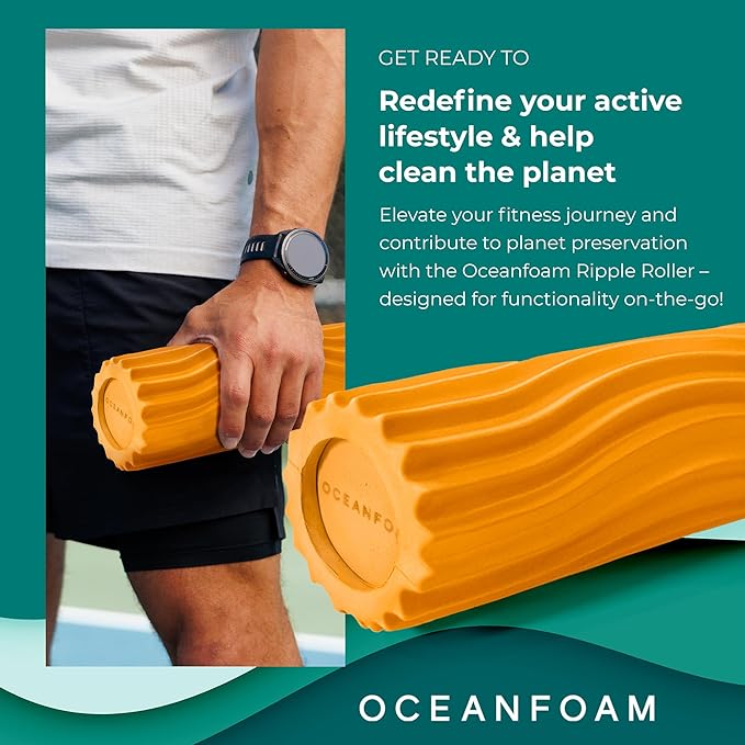 Oceanfoam Ripple Travel Foam Roller (11" x 3.35") Firm Mini Foam Roller for Physical Therapy, Deep Tissue Massage, Back Pain - High Density, Ergonomic Wave Textured - Yoga, Pilates, Exercise (Gold)