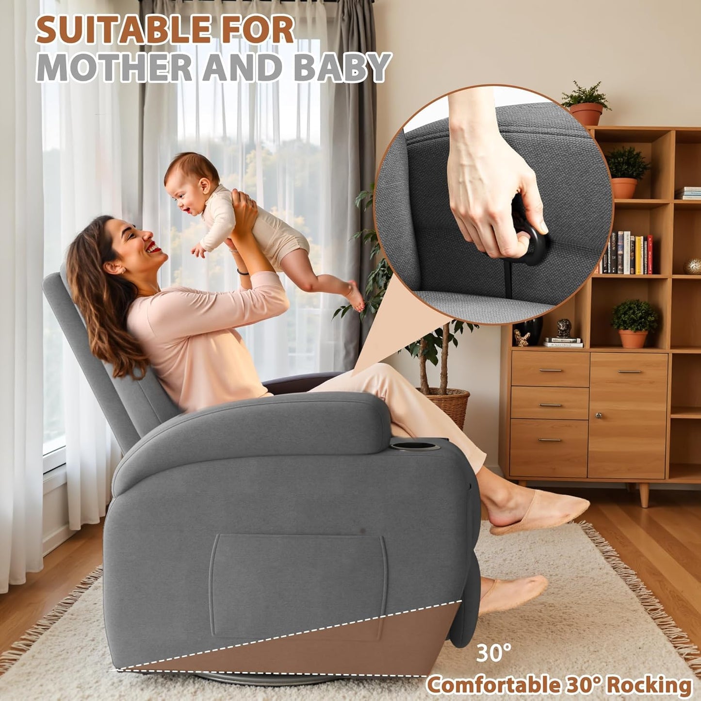 Flamaker Swivel Rocker Recliner Chair with Vibration Massage, 360° Swivel Recliner Chairs for Adults Ergonomic Lounge Chair with Cup Holders Lazy Boy Recliner Single Sofa Seat (Fabric, Gray)