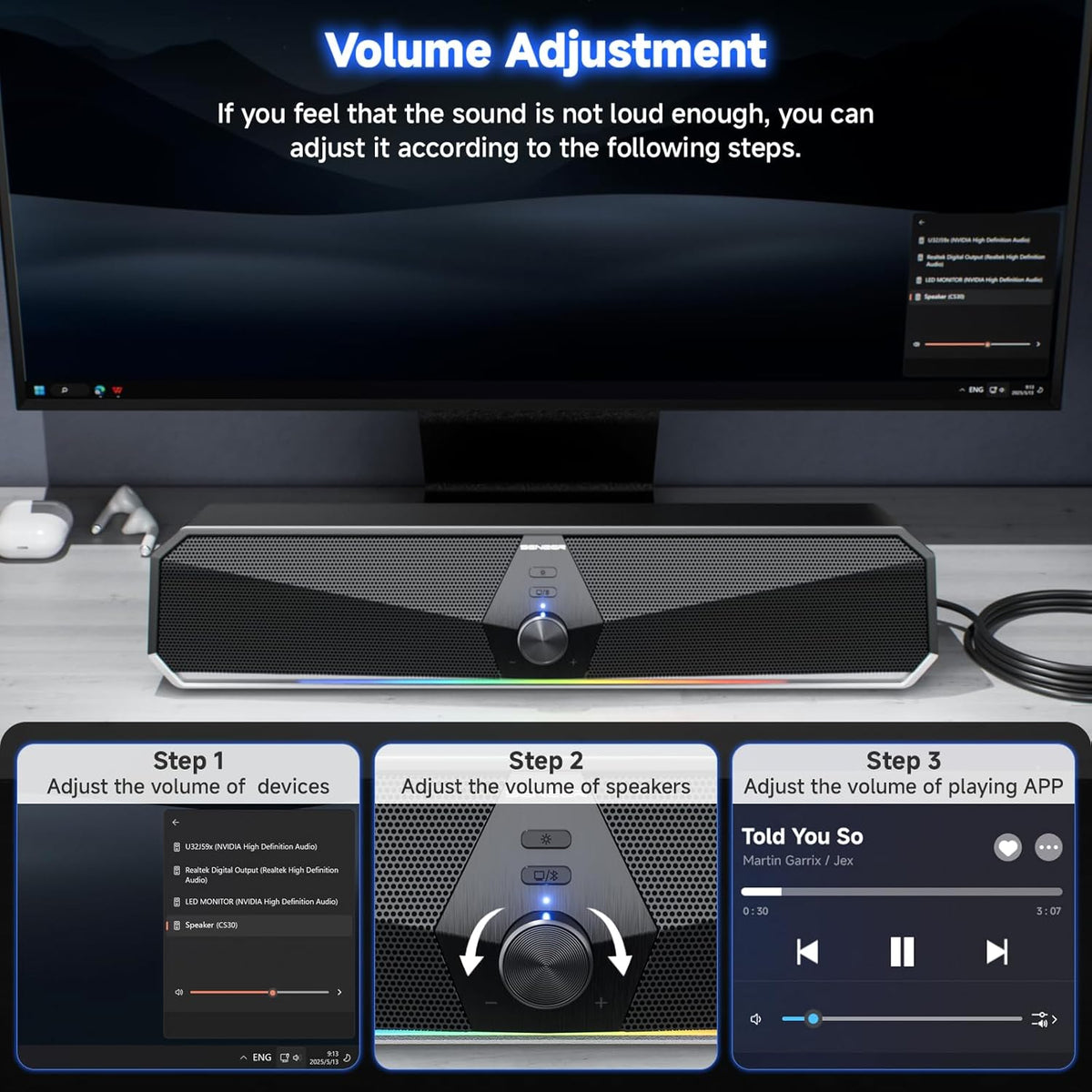 SENZER CS30 Bluetooth Computer Speakers for Desktop, USB Plug & Play PC Speakers with Dynamic LED Light, Stereo Sound