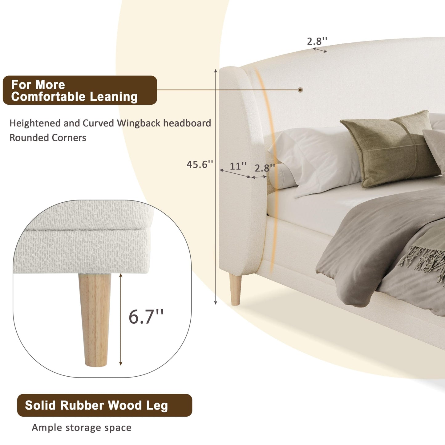 Queen Size Bouclé Upholstered Platform Bed Frame with Wingback Headboard, Rounded Corners, Modern Fabric Bed with Wood Slats Support, No Box Spring Needed, White