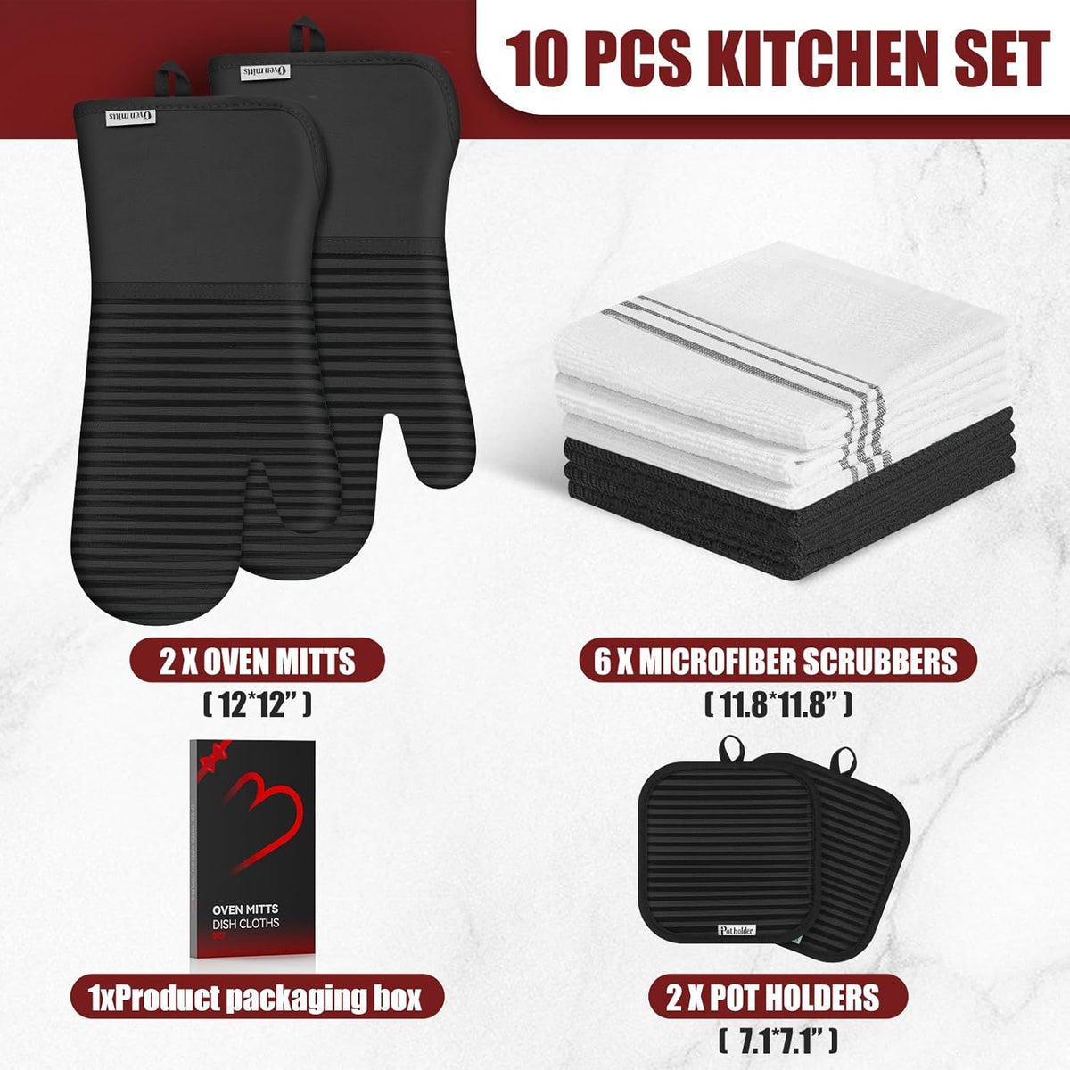 Skiennix Oven Mitts & Pot Holder Set - 500°F Heat Resistant Silicone Grip | 6 Pack Cotton Dish Towels - Black Kitchen Essentials