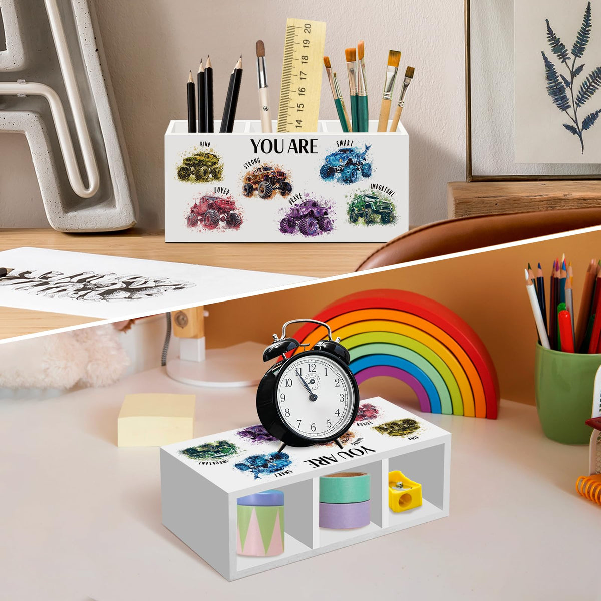 nvucamd Inspirational Monster Trucks Pen Pencil Holder for Desk, Motivational Office Desk Accessories, Boys Kids Positive Truck Pen Holders Organizer for Classroom Bathroom, You Are Kind