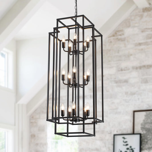 Xuridongsheng 15-Light Lantern Chandelier for Foyer Large Black High Ceiling Chandelier with 3-Tier Candle Design, Modern Farmhouse Entryway Lighting Fixture for Staircase, Two Story Living Room, E12