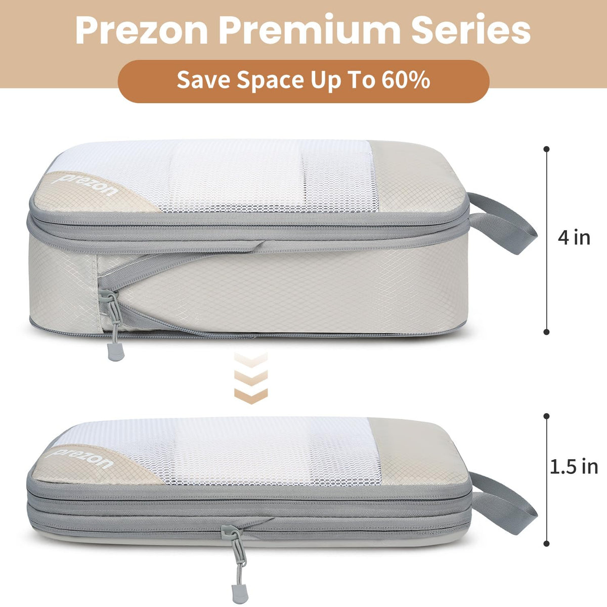 Prezon Compression Packing Cubes for Travel, Lightweight Vacation Travel Essentials, Travel Accessories for Suitcase Organizer Bags Set, Durable Luggage Organizer, 6 set, half mesh, Beige