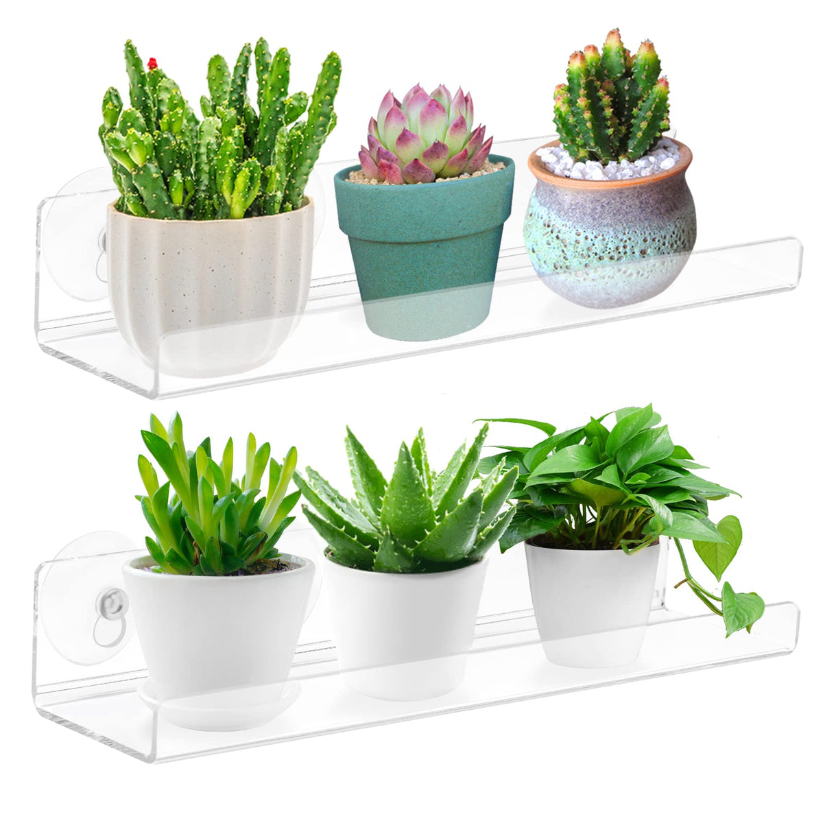 Skewo 2 Pack 12 Inch Acrylic Window Boxes Plant Shelves, with Suction Cup Window Sill Extender, for Indoor/Outdoor Succulents, Micro Greens, Seed Starter Pots, Herb Planters