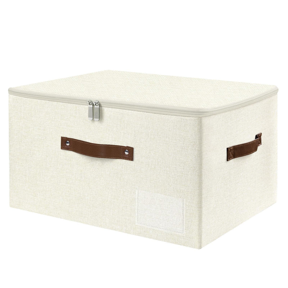 ANMINY Storage Bins with Zipper Lid Storage Boxes with Label Holder PU Leather Handles Washable Foldable Decorative Lidded Cotton Linen Fabric Cubes Baskets Closet Organizer - Beige, Large