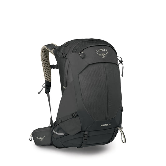 Osprey Stratos 34L Men's Hiking Backpack - Camping Bag with Waterproof Raincover, Bottle Pockets, & Gear Straps, Raven Black