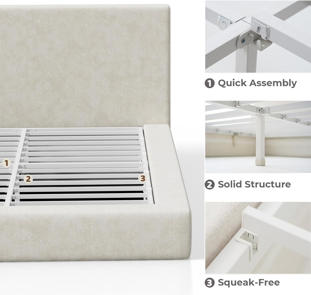 Recci AirFrame Queen Bed Frame - Cloud Upholstered Platform with Cushioned Headboard | Easy Assembly, Beige Chenille