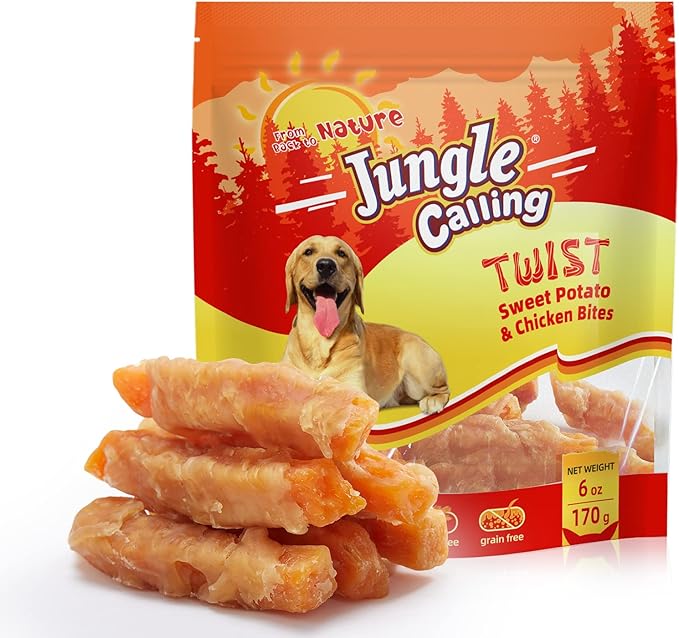 Jungle Calling Dog Treats, Skinless Chicken Wrapped Sweet Potato, Gluten and Grain Free, Chewy Dog Bites for Balanced Nutrition, 6 oz