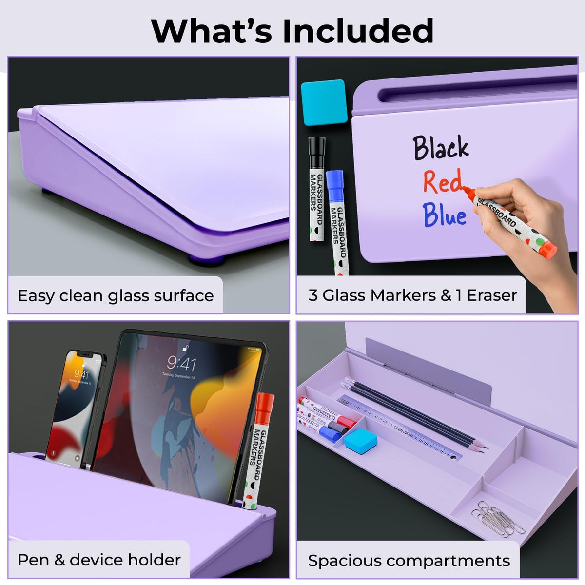 Chalkola Lavender Glass Desktop Whiteboard with Storage - Dry Erase Board, Work Desk Organizers, Computer Keyboard Stand, Home Office Desk Accessories, Workspace Desktop Buddy + 3 Markers