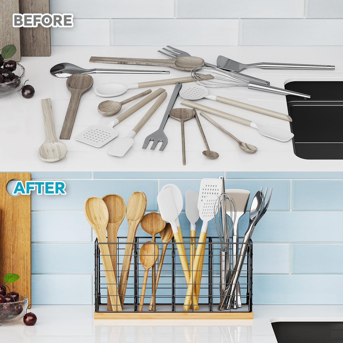 NiHome Metal Kitchen Utensil Holder with Diatomaceous Earth Base, Fast Drying & Odor Control, Large 4-Compartment Utensil Caddy for Spatulas, Tongs, Whisks, Rustproof Organizer with No Scratch Bottom