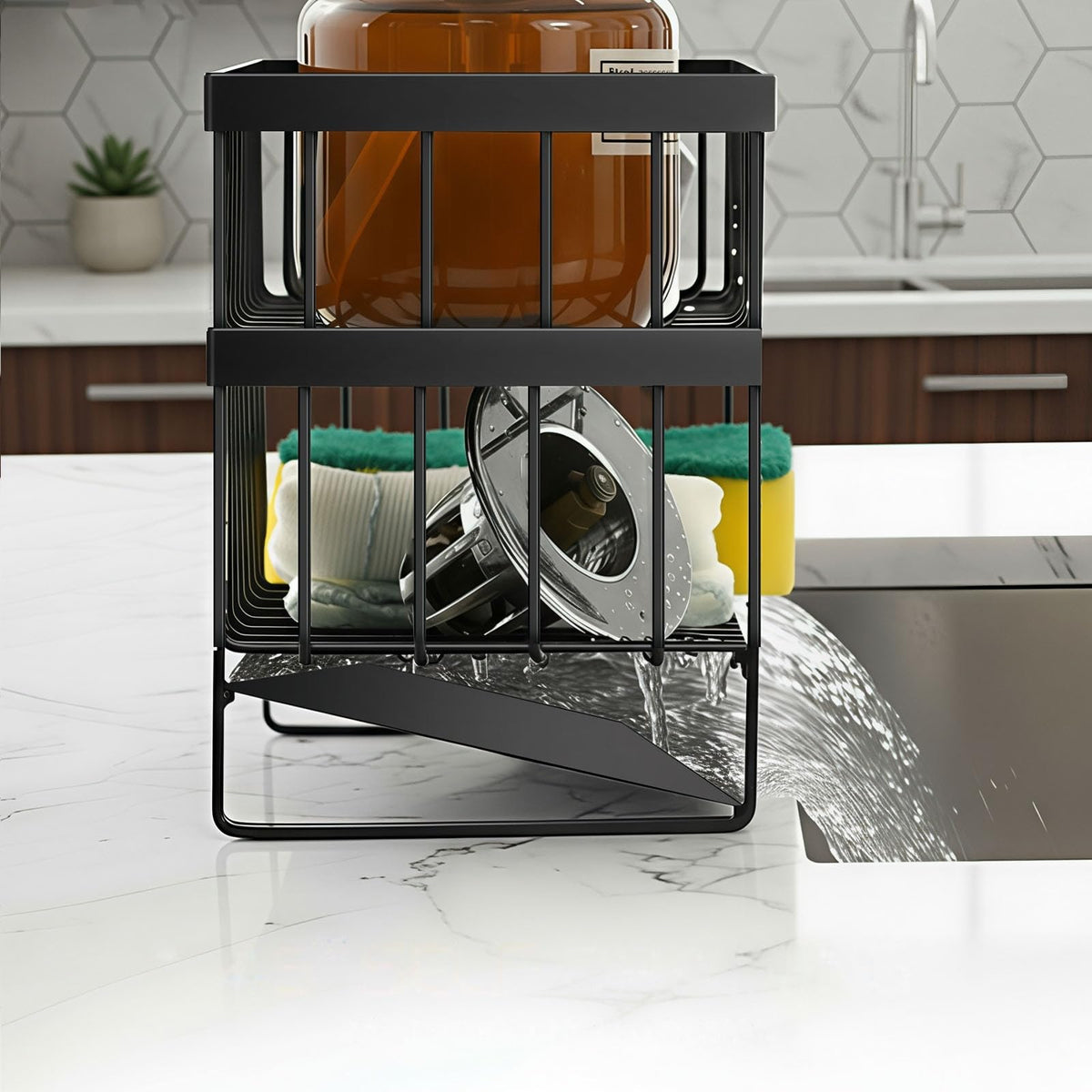 UEFFNR Kitchen Sink Organizer Caddy, 2 Tier Sink Caddy Organizer with High Brush Holder, Rust-Proof Countertop Rack (Black 10.6 * 4.3 * 5.7") for Kitchen Accessories & Dish Brushes