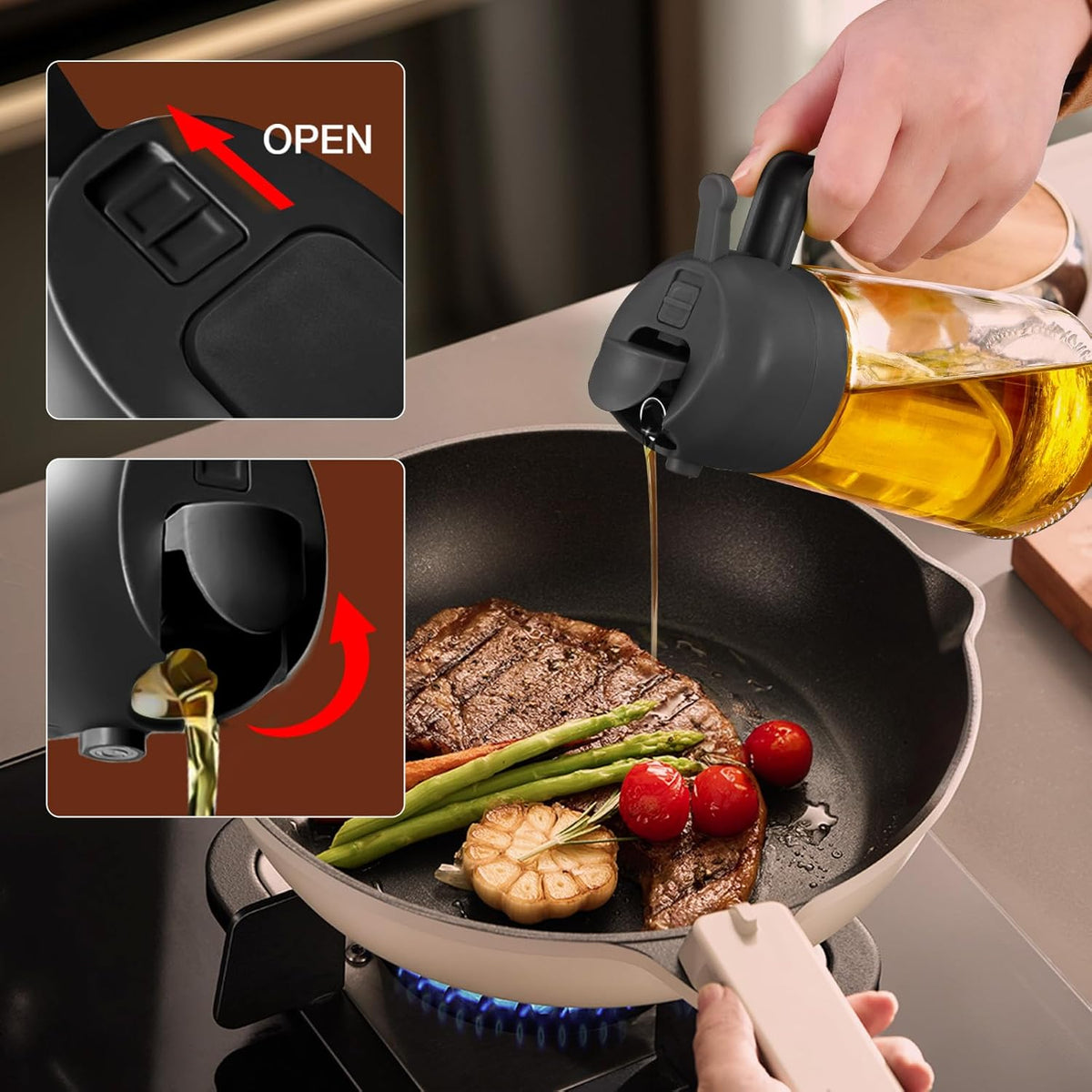 YARRAMATE Olive Oil Dispenser - 2Pcs 16oz Food-Grade Glass Sprayer for Cooking & BBQ | Black