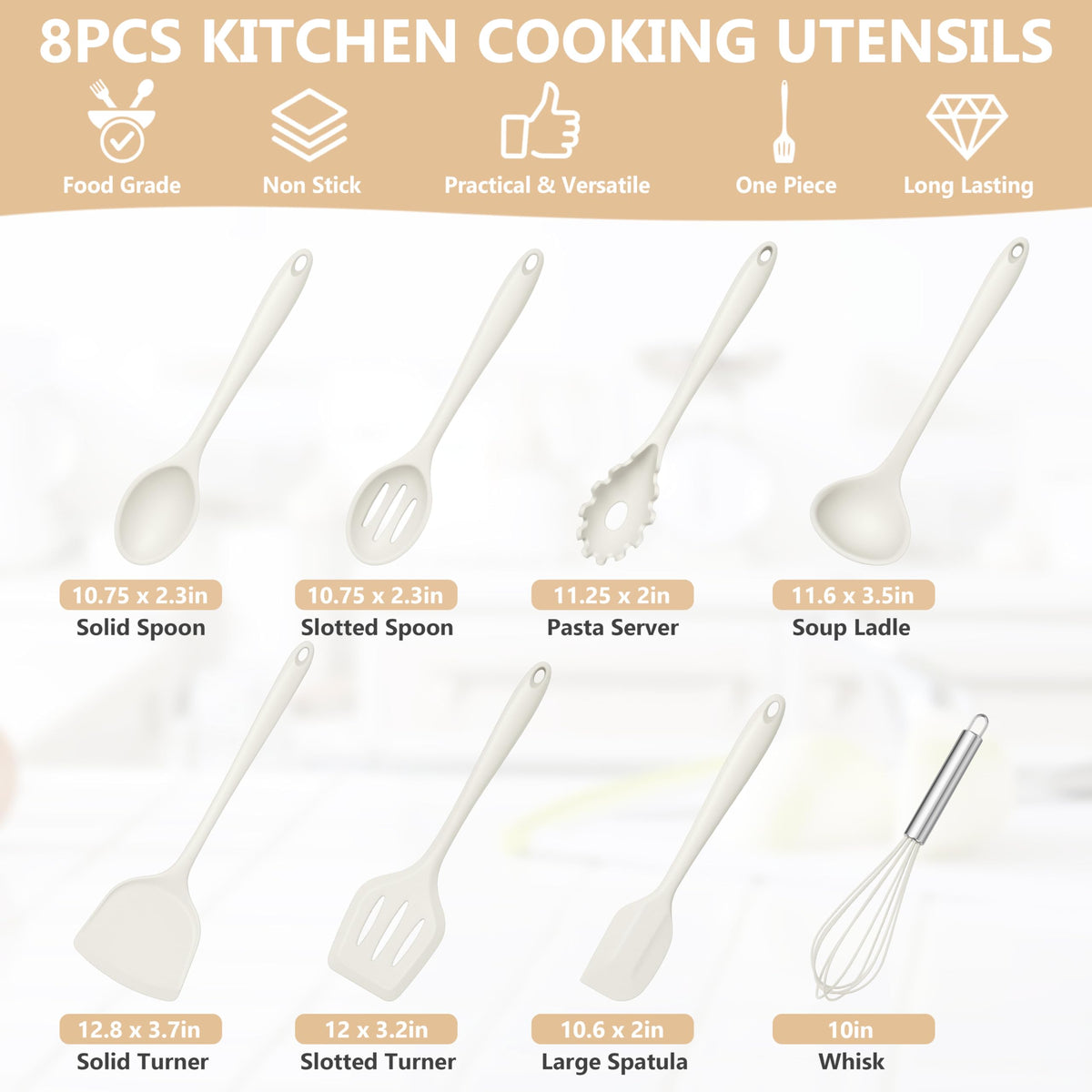 TeamFar 8 PCS Silicone Cooking Utensils - 446°F Heat Resistant Kitchen Silicon Utensils Set, Turner, Spatula, Spoon, Whisk, Kitchen Cooking Gadgets Tools for Nonstick Cookware, Dishwasher Safe-White
