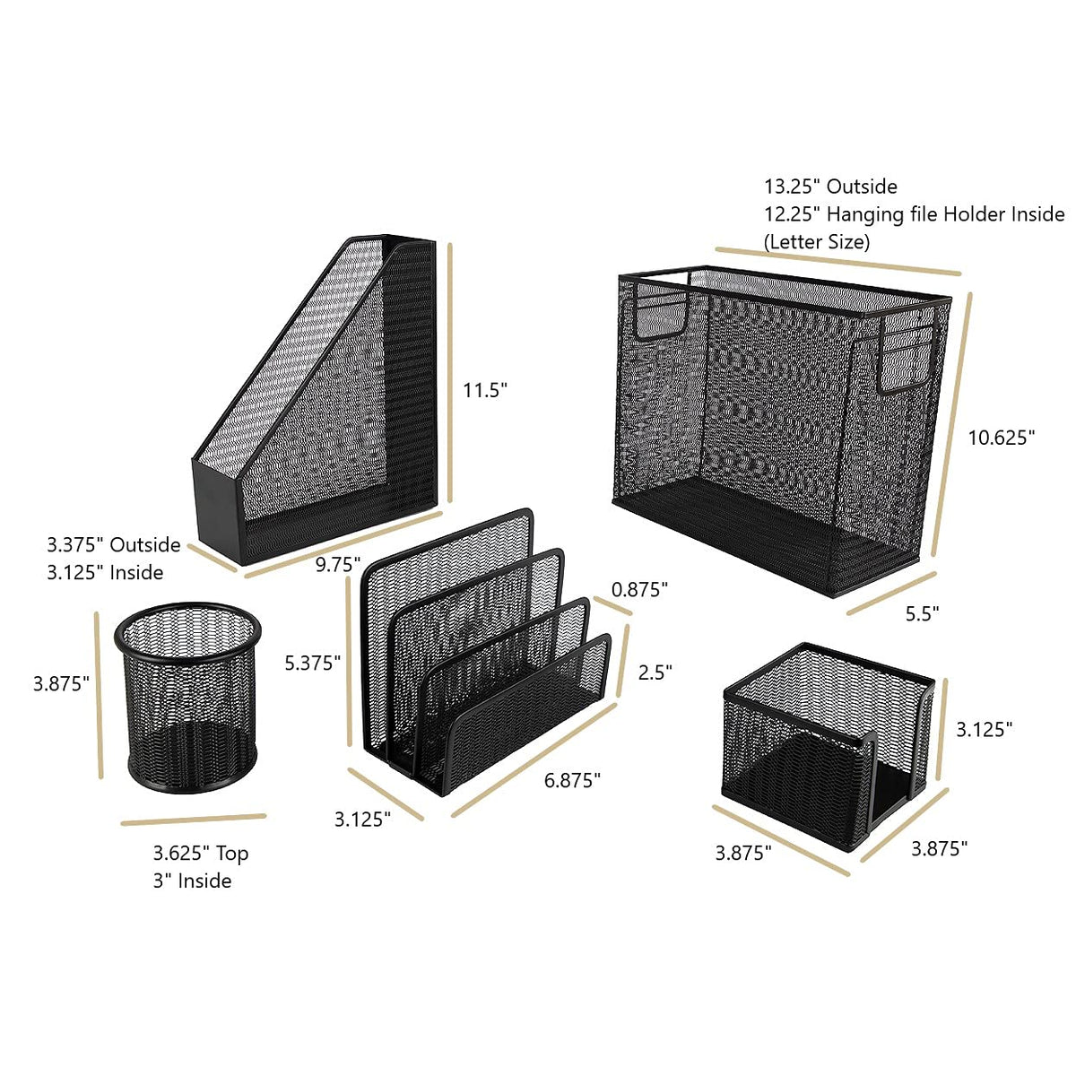 BLU MONACO Black Desk Organizer Set | 5-Piece Metal Office Supplies Collection with Hanging File Organizer, Magazine Holder, Pen Cup, Sticky Note Holder & Letter Sorter | Workspace Organization