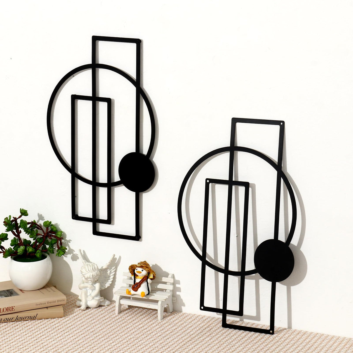 OYEFLY 2 Pcs Metal Abstract Wall Art,Modern Geometric Decor (Black, style 1)