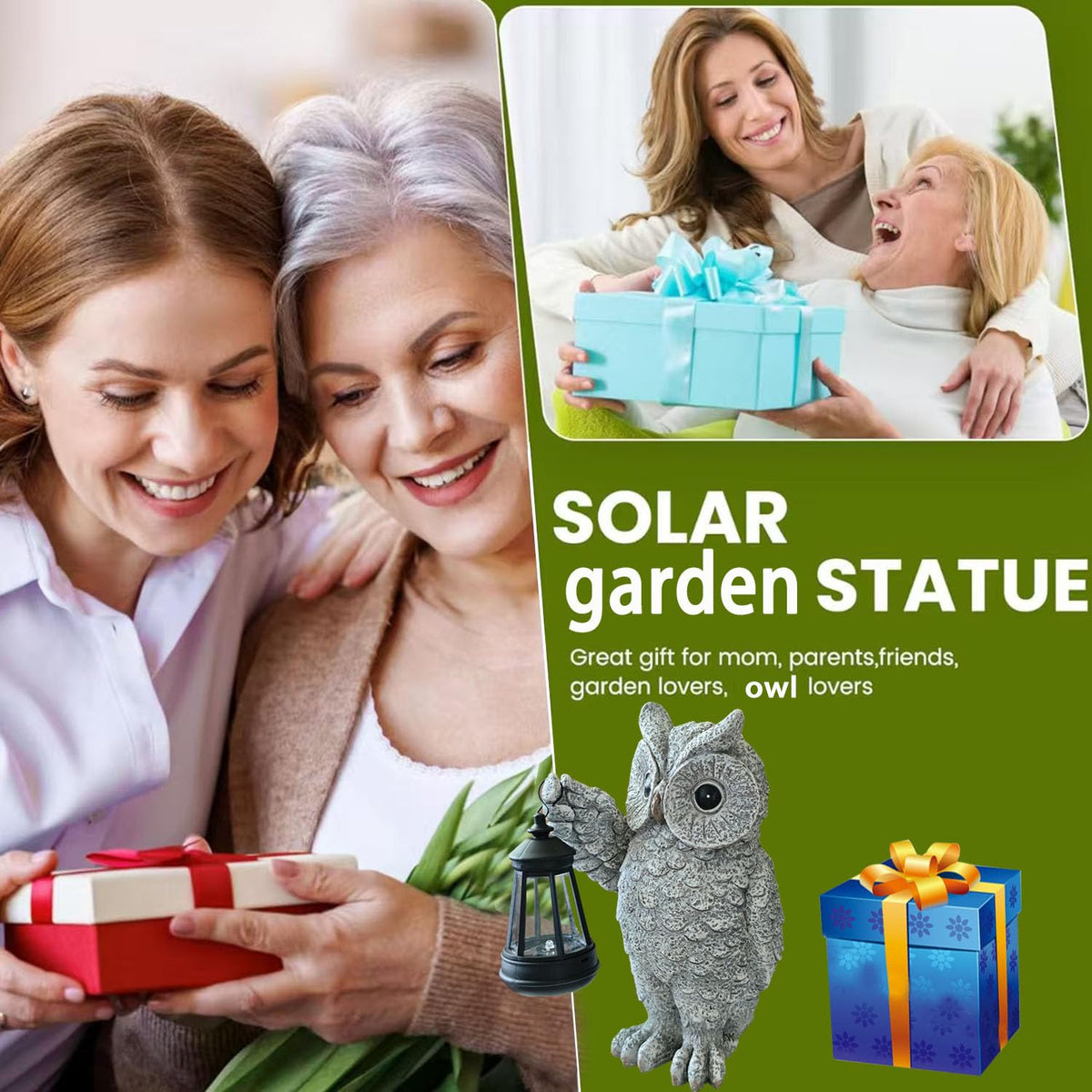Garden Statues, owl Outdoor Figurines Decorated with Solar Lights, Unique Christmas Birthday Gifts for Moms, Grandmas, Women, Wives, Sisters (Grey Owl1)